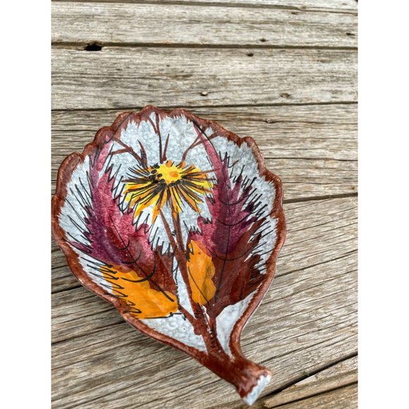 Vintage Italy Pottery Leaf shaped Nut/candy dish MCM Abstract Flowers - Picture 3 of 7